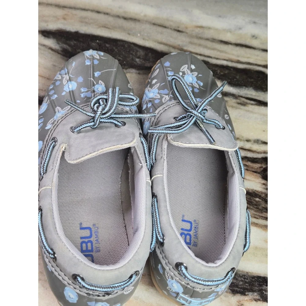 JBU by Jambu Gwen Garden Ready Grey Blue Floral Duck Shoes Rain Loafers Womens 6